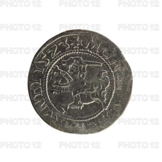 Lithuanian half-grosz, Sigismund I the Old (king of Poland; 1506–1548). Polish coin from the Jagiellon dynasty. Obverse: Pursuer (Lithuanian emblem) turned left; in the rim between pearl borders an inscription: + MON, A:, VNDI 15Z3. Reverse: Crowned Polish eagle; in the rim between pearly borders an inscription: + MAGNI, DVC, ANIE, 1523. Function: coin; material: metal; place: Grand Duchy of Lithuania, Vilnius.