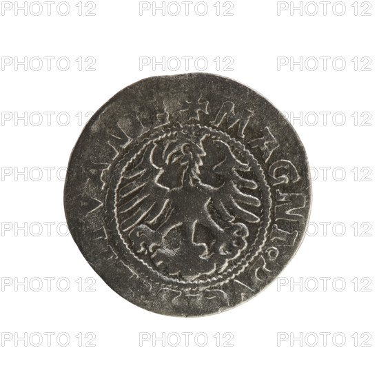 Lithuanian half-grosz, Sigismund I the Old (king of Poland; 1506–1548). Silver coin (half-grosz), 1523. Obverse: Pursuer (Pogonia) turned left; rim between pearl borders inscription '+ MON. A. VNDI 1523'. Reverse: Crowned Polish eagle; rim between pearl borders inscription '+ MAGNI DVC ANIE 1523'. Subjects/emblems: Polish eagle and Pursuer (Lithuanian Pogonia). Place: Vilnius, Grand Duchy of Lithuania.