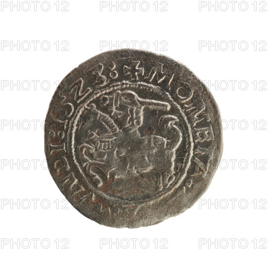 Lithuanian half-grosz, Sigismund I the Old (king of Poland; 1506–1548). Obverse: Pursuer turned left; rim between pearl borders with inscription '+ COIN, NDI:15Z3:'. Reverse: Crowned Polish eagle; rim between pearl borders with inscription '+ MAGNI:DVCIS:LITVA'. 1523. Silver coin, Grand Duchy of Lithuania, Vilnius.