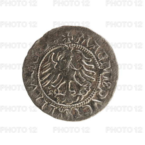 Lithuanian half-grosz, Sigismund I the Old (king of Poland; 1506–1548). Silver coin (half-grosz), 1523. Obverse: Pursuer (Pahonia) turned left; rim between pearl borders with inscription + COIN, NDI:15Z3:. Reverse: Crowned Polish eagle; rim between pearly borders with inscription + MAGNI:DVCIS:LITVA. Emblems: eagle and Pursuer. Origin: Grand Duchy of Lithuania, Vilnius, Poland.