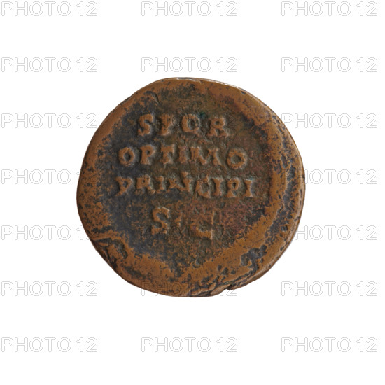 Antoninus Pius (86–161; Roman Emperor 138–161), issuer. Obverse: head of the emperor to the right, wearing a laurel wreath, legend 'VS AVG PI' and 'VS PP' around. Reverse: oak wreath with inscription in the middle 'SPQR / OPTIMO / PRINCIPI / SC'. Date: 145–161 CE. Roman Empire, Rome. Coin. Diameter 24.0–25.0 mm, weight 7.73 g, axis 0°.