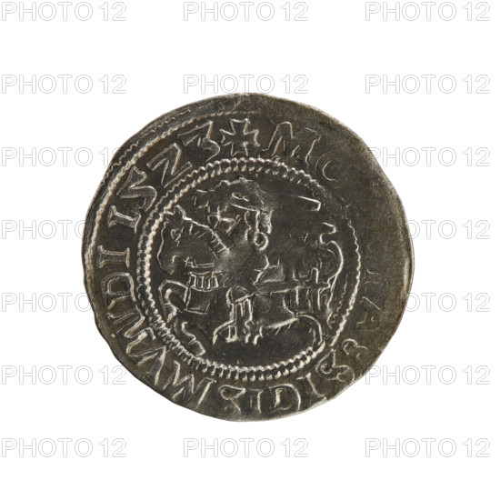 Lithuanian half-grosz, Sigismund I the Old (king of Poland; 1506–1548). Silver coin (1523). Obverse: Pursuer (Lithuanian emblem) turned left; rim between pearl borders with inscription + M, A:SIGISMVNDI 15Z3. Reverse: Crowned Polish eagle; rim between pearl borders with inscription + MAGNI:D, LITVANDIE:, 1523. Jagiellon dynasty; emblems: eagle and Pursuer. Produced in Vilnius, Grand Duchy of Lithuania, Poland.