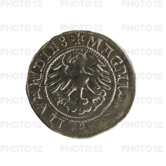 Lithuanian half-grosz, Sigismund I the Old (king of Poland; 1506–1548). Obverse: Pursuer turned left; in the rim between pearled borders an inscription '+ M, A:SIGISMVNDI 15Z3'. Reverse: Crowned Polish eagle; in the rim between pearled borders an inscription '+ MAGNI:D, LITVANDIE:, 1523'. Jagiellon dynasty; emblems — eagles and Pursuer (Lithuania). Minted 1523, Grand Duchy of Lithuania, Vilnius.