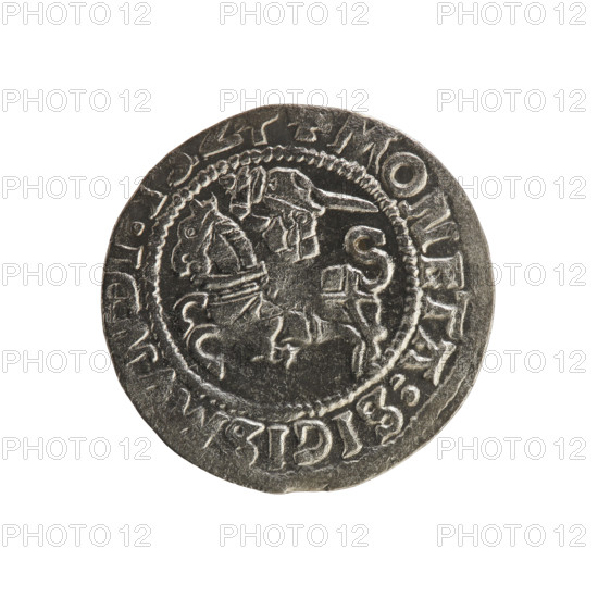 Lithuanian half-grosz, Sigismund I the Old (king of Poland; 1506–1548). Polish coin (Jagiellon dynasty). Obverse: Pursuer (Lithuanian emblem) turned left; in rim between pearl borders an inscription: COIN:SIGISMVNDI. Reverse: Crowned Polish Eagle; in rim between pearly borders an inscription: + MAGNI.