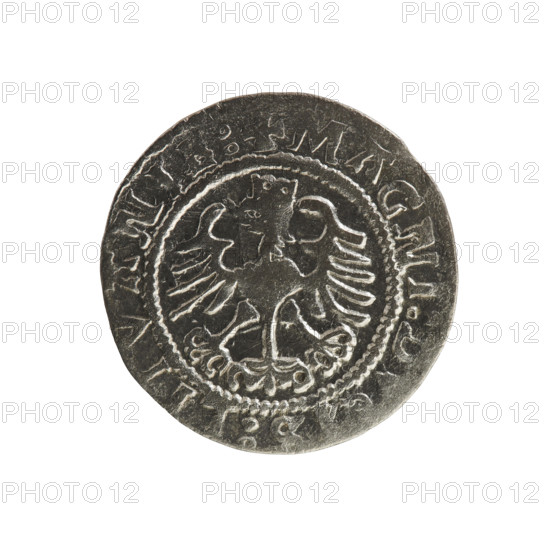 Lithuanian half-grosz, Sigismund I the Old (king of Poland; 1506–1548). Polish coin of the Jagiellon dynasty; silver coin with emblems: Pursuer (Lithuania) and crowned Polish Eagle. Obverse: Pursuer turned left; in the rim between pearl borders an inscription: COIN:SIGISMVNDI. Reverse: Crowned Polish Eagle; in the rim between pearly borders an inscription: + MAGNI.