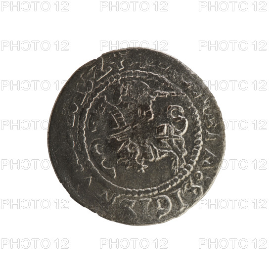 Lithuanian half-grosz, Sigismund I the Old (king of Poland; 1506–1548). Silver coin (half-grosz), 1524, struck in Vilnius, Grand Duchy of Lithuania. Obverse: Pursuer (Lithuanian emblem) turned left; rim between pearl borders with inscription NETA:SIGI:15Z4:. Reverse: Polish crowned eagle; rim between pearl borders with inscription AGNI:D:ITVA:1524. Jagiellon dynasty; emblems: eagle and pursuer.