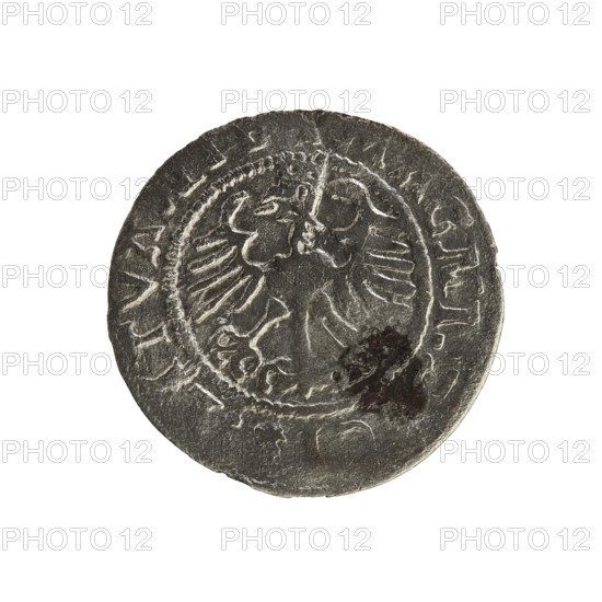 Lithuanian half-grosz, Sigismund I the Old (king of Poland; 1506–1548). Silver coin (half-grosz), 1524. Obverse: Pursuer (Lithuanian emblem) turned left; inscription in rim between pearl borders: NETA:SIGI:15Z4. Reverse: Polish crowned eagle; inscription in rim between pearl borders: AGNI:D:ITVA:1524. Jagiellon dynasty; emblems: eagle, pursuer. Minted in Vilnius, Grand Duchy of Lithuania (Poland-Lithuania).