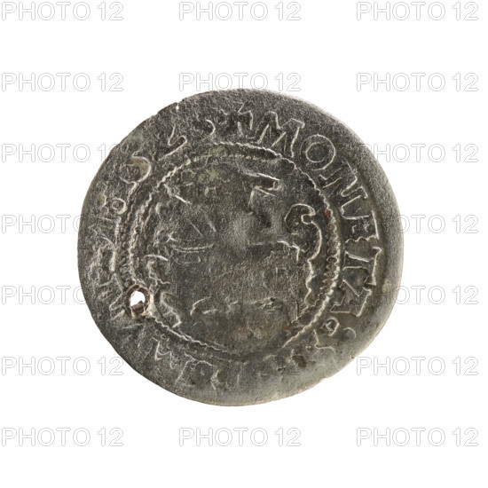 Lithuanian half-grosz, Sigismund I the Old (King of Poland; 1506–1548). Silver coin (half-grosz), 1524. Obverse: Pogon (Lithuanian coat of arms) turned left; in the rim between pearly borders an inscription: + MONETA:, NDI:15. Reverse: Polish crowned eagle; in the rim between pearly borders an inscription: + MAGNI:DVCIS:LI, ANIE:, 1524. Polish–Lithuanian Commonwealth (Grand Duchy of Lithuania), Vilnius.