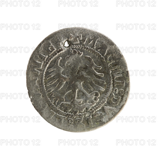 Lithuanian half-grosz, Sigismund I the Old (King of Poland; 1506–1548), 1524. Obverse: Pogon (Lithuanian coat of arms) turned left; in the rim between pearly borders an inscription: + MONETA: NDI:15. Reverse: Polish crowned eagle; in the rim between pearly borders an inscription: + MAGNI:DVCIS:LI ANIE: 1524. Coin (Grand Duchy of Lithuania, Vilnius).