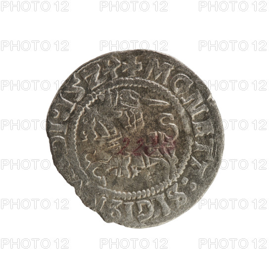 Lithuanian half-grosz, Sigismund I the Old (king of Poland; 1506–1548). R8 (rarity). Polish coin of the Jagiellonian dynasty. Obverse: Chaser (coat of arms of Lithuania) turned left; in the rim between pearl borders an inscription: + M, NETA:SIGI, DI:15Z. Reverse: Polish eagle with crown; in the rim between pearl borders an inscription: + M, I:DVCIS:LITVA, IE, 1524. Minted in Vilnius, Grand Duchy of Lithuania (Poland), 1524.
