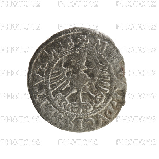 Lithuanian half-grosz, Sigismund I the Old (king of Poland; 1506–1548). R8 (rarity). Polish coin from 1524, Grand Duchy of Lithuania, Vilnius. Obverse: Chaser (Chaser turned left), in the rim between pearl borders an inscription: + M, NETA:SIGI, DI:15Z. Reverse: Polish crowned eagle, in the rim between pearly borders an inscription: + M, I:DVCIS:LITVA, IE, 1524. Subjects: Jagiellonians (dynasty), coats of arms, eagles. Materials/style: coin.
