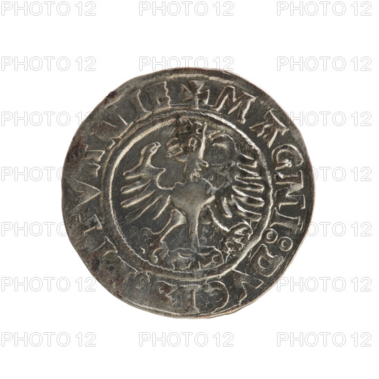 Lithuanian half-grosz, Sigismund I the Old (King of Poland; 1506–1548). Obverse: Pogon (Lithuanian coat of arms) turned left; in the rim between pearly borders an inscription: + MONETA:SIGIS, NDI:15Z5. Reverse: Polish crowned eagle; in the rim between pearly borders an inscription: + MAGNI:DVCI, ITVANIE, 1525. Polish–Lithuanian coin (Grand Duchy of Lithuania, Vilnius).
