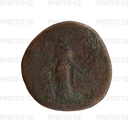 Sestertius of Antoninus Pius (86–161; Roman emperor 138–161). Obverse: head of the emperor in a laurel wreath facing right, inscription ONINVS AVG - PIVS P; reverse: Annona (personification) standing left, holding ears of corn above a modius in her right hand and an anchor in her left, inscription - NA AV, in section, in SC. Iconography: ears of corn, Annona, head of the emperor in laurel wreath, anchors, personifications, modius. Roman Empire, 147–148. Coin (bronze): diameter 33.5–34.0 mm, weight 23.26 g, axis 0°.