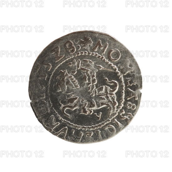 Lithuanian half-grosz of Sigismund I the Old (king of Poland, 1506–1548). Silver coin (1528). Obverse: Pursuer (Lithuanian emblem) facing left; rim between pearl borders inscribed '+ MO, EA:SIGI, VN, Z8: Rw.' Reverse: Crowned Polish eagle; rim between pearl borders inscribed '+ MAG, I:DVCIS:LIT, :, 1528'. Function: coin; place: Grand Duchy of Lithuania, Vilnius.