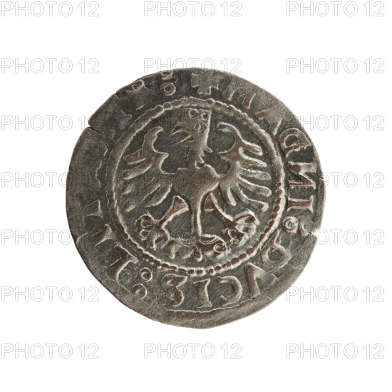 Lithuanian half-grosz, Sigismund I the Old (king of Poland; 1506–1548). Polish coin of the Jagiellon dynasty, 1528. Obverse: Pursuer (Pogonia) turned left; inscription in rim between pearl borders: + MO, EA:SIGI, VN, Z8:R. Reverse: Polish crowned eagle; inscription in rim between pearl borders: + MAG, I:DVCIS:LIT, :, 1528. Material: coin; place: Grand Duchy of Lithuania, Vilnius.
