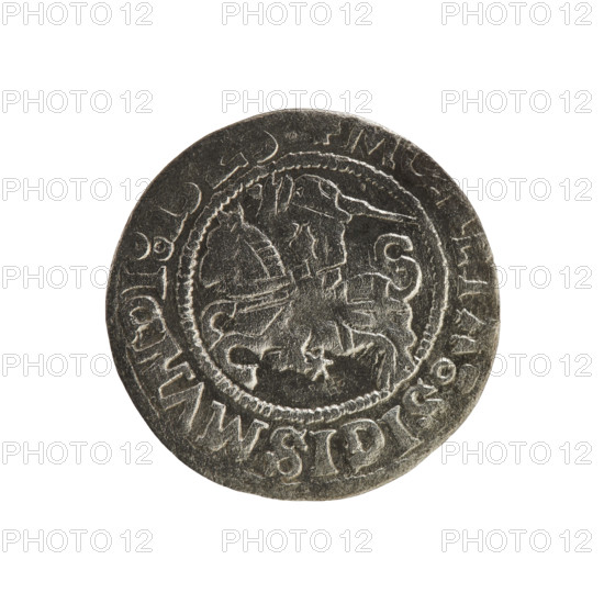 Lithuanian half-grosz, Sigismund I the Old (king of Poland; 1506–1548). Obverse: Chaser (Lithuanian coat of arms) turned left; in the rim between pearl borders an inscription '+ M, ETA:SIGISMVNDI:1'. Reverse: Polish eagle with a crown; in the rim between pearl borders an inscription '+ MAGNI:DVCIS:LITVANIE:'. 1525. Poland, Grand Duchy of Lithuania, Vilnius. R8 (rarity). Polish coin; Jagiellon dynasty; coats of arms; eagles.