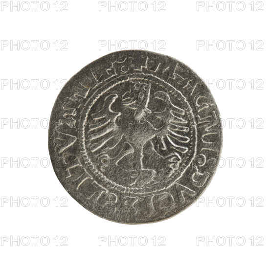 Lithuanian half-grosz, Sigismund I the Old (king of Poland; 1506–1548). Obverse: Chaser (Lithuanian coat of arms) turned left; in the rim between pearl borders an inscription: + M, ETA:SIGISMVNDI:1. Reverse: Polish eagle with a crown; in the rim between pearl borders an inscription: + MAGNI:DVCIS:LITVANIE:. 1525. Silver coin; Poland, Grand Duchy of Lithuania, Vilnius. R8 (rarity). Polish coins; Jagiellons dynasty; coats of arms; eagles.