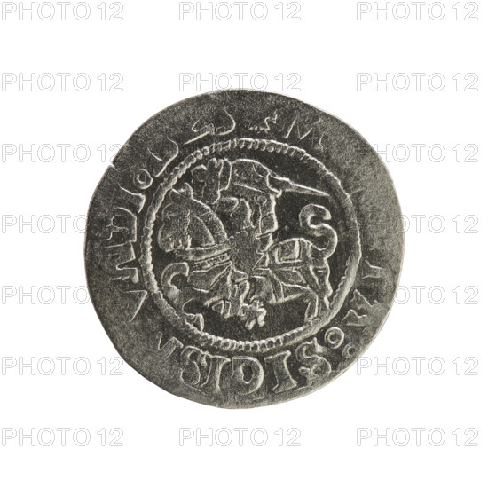 Lithuanian half-grosz, Sigismund I the Old (king of Poland; 1506–1548). Coin (1525). Obverse: Pursuer (Lithuanian emblem) turned left; rim between pearl borders with inscription + M, A:SIGIS, NDI. Reverse: Polish crowned eagle; rim between pearl borders with inscription + MAGNI, D, LI, VANI, 1525. Jagiellon dynasty; emblems: eagle and Pursuer. Grand Duchy of Lithuania, Vilnius.
