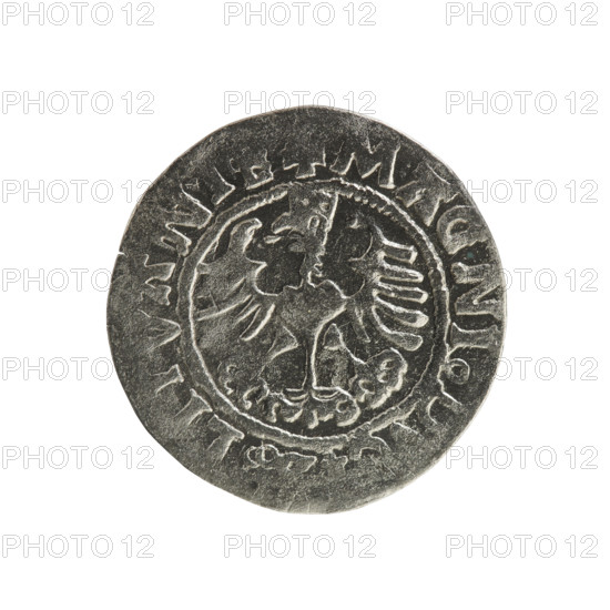 Lithuanian half-grosz, Sigismund I the Old (king of Poland; 1506–1548). Silver coin (half-grosz), 1525. Obverse: Pursuer (Lithuanian emblem) turned left; rim between pearl borders with inscription '+ M, A:SIGIS, NDI'. Reverse: Polish crowned eagle; rim between pearly borders with inscription '+ MAGNI, D, LI, VANI, 1525'. Jagiellon dynasty; emblems: eagle and Pursuer. Made in Vilnius, Grand Duchy of Lithuania (Poland–Lithuania).
