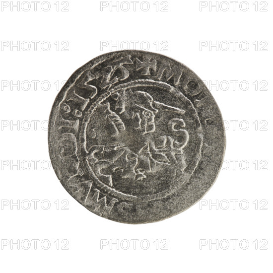 Lithuanian half-grosz, Sigismund I the Old (king of Poland; 1506–1548). Silver coin (half-grosz), 1525. Obverse: Pursuer (Pogonia) turned left; inscription in rim between pearl borders: + MON. MV. DI:15Z5. Reverse: Crowned Polish Eagle; inscription in rim between pearl borders: + MAGN. DV. TVANIE. Emblems: eagles and Pursuer (Lithuania). Polish coin of the Jagiellon dynasty; minted in the Grand Duchy of Lithuania (Vilnius).