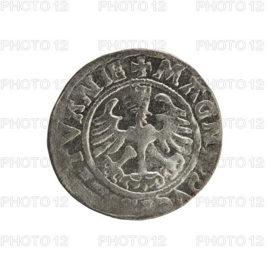 Lithuanian half-grosz, Sigismund I the Old (king of Poland; 1506–1548). Polish coin of the Jagiellon dynasty. Obverse: Pursuer turned left; in the rim between pearl borders an inscription: + MON, MV, DI:15Z5. Reverse: Crowned Polish eagle; in the rim between pearl borders an inscription: + MAGN, DV, TVANIE, 1525. Grand Duchy of Lithuania; Vilnius.