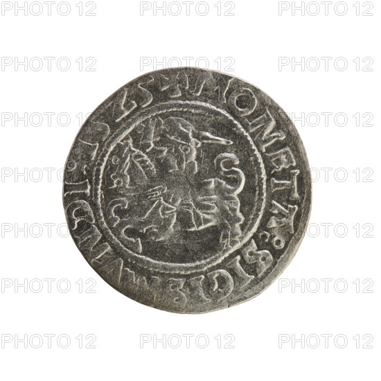 Lithuanian half-grosz, Sigismund I the Old (king of Poland; 1506–1548). Obv.: Pursuer turned left; in the rim between pearl borders an inscription: + COIN:SIGIS, VNDI:15Z5. Rev.: Polish crowned eagle; in the rim between pearly borders an inscription: + MAGNI:DVCIS:LITVANIE:. 1525. Materials: coin; style: Jagiellon-era; emblems: eagle, Pursuer. Grand Duchy of Lithuania, Vilnius.