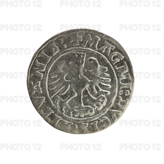 Lithuanian half-grosz, Sigismund I the Old (king of Poland; 1506–1548). Silver coin, 1525. Obverse: Pursuer turned left; rim between pearl borders with inscription '+ COIN:SIGIS, VNDI:15Z5'. Reverse: Crowned Polish eagle; rim between pearl borders with inscription '+ MAGNI:DVCIS:LITVANIE:'. Emblems: eagle and Pursuer. Jagiellon dynasty; Grand Duchy of Lithuania; Vilnius.