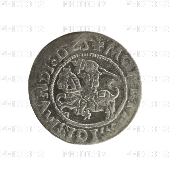 Lithuanian half-grosz, Sigismund I the Old (king of Poland; 1506–1548). Obverse: Pursuer (Lithuanian emblem) turned left; in rim between pearl borders an inscription: + M, IGISMVNDI:15Z5. Reverse: Polish crowned eagle; in rim between pearl borders an inscription: + MAGNI, DVCI, LITVANI, 1525. Polish coin of the Jagiellon dynasty; emblems: eagle and Pursuer. Minted in Vilnius, Grand Duchy of Lithuania, 1525.