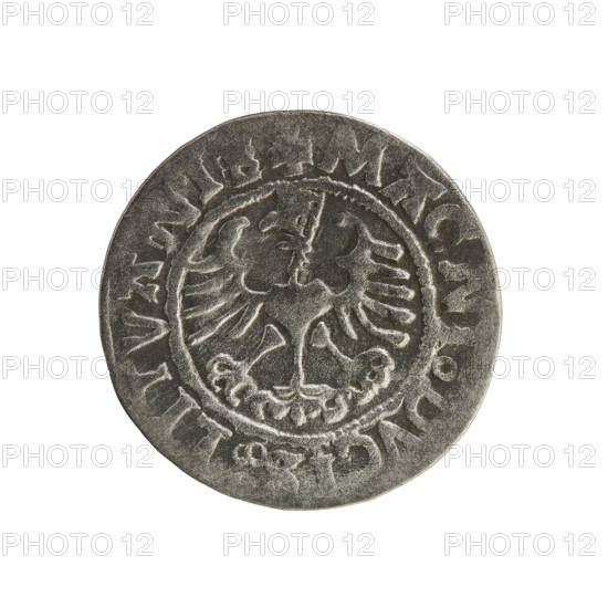 Lithuanian half-grosz, Sigismund I the Old (king of Poland; 1506–1548). Obverse: Pursuer (emblem of Lithuania) turned left; in the rim between pearl borders an inscription: + M, IGISMVNDI:15Z5. Reverse: Polish crowned eagle; in the rim between pearl borders an inscription: + MAGNI, DVCI, LITVANI, 1525. Polish coin of the Jagiellon dynasty, 1525.