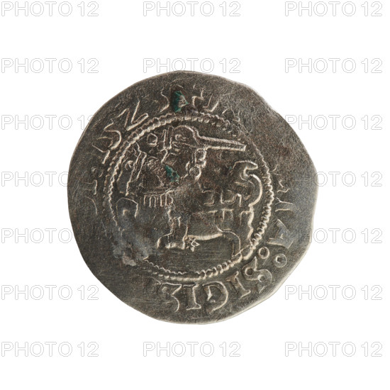 Lithuanian half-grosz, Sigismund I the Old (king of Poland; 1506–1548). Polish coin of the Jagiellon dynasty, 1525. Obverse: Pursuer turned left; in the rim between pearl borders an inscription: + A:SIGIS, I, 15Z. Reverse: Crowned Polish eagle; in the rim between pearly borders an inscription: + MAGNI:DVCIS:LITVANIE. Grand Duchy of Lithuania, Vilnius.
