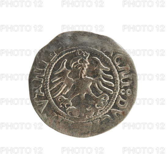 Lithuanian half-grosz, Sigismund I the Old (king of Poland, 1506–1548). Silver coin (half-grosz), 1525. Obverse: Pursuer (Pogonia) turned left, inscription in rim between pearl borders: + A:SIGIS: I: 15Z. Reverse: Crowned Polish eagle, inscription in rim between pearl borders: + MAGNI:DVCIS:LITVANIE. Jagiellon dynasty; emblems: eagle and Pursuer. Minted in Vilnius, Grand Duchy of Lithuania.