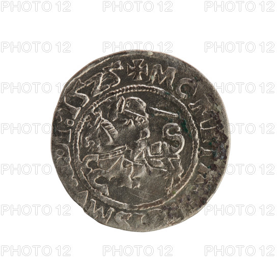 Lithuanian half-grosz, Sigismund I the Old (king of Poland; 1506–1548). Polish coin (Jagiellon dynasty). Obverse: Pursuer (emblem of Lithuania) turned left; in the rim between pearl borders an inscription: + MON, ISM, DI:15Z5. Reverse: Polish crowned eagle; in the rim between pearl borders an inscription: + M, NI:DVCIS:LITVANIE, 1525. Grand Duchy of Lithuania; Vilnius.
