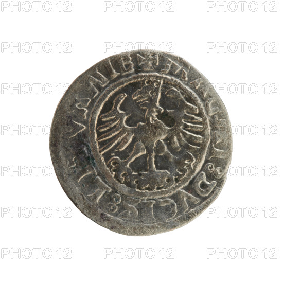 Lithuanian half-grosz, Sigismund I the Old (king of Poland; 1506–1548). Polish coin (Jagiellon dynasty). Obverse: Pursuer (emblem of Lithuania) turned left; in the rim between pearl borders an inscription: + MON, ISM, DI:15Z5. Reverse: Crowned Polish eagle; in the rim between pearl borders an inscription: + M, NI:DVCIS:LITVANIE, 1525. Minted in Vilnius, Grand Duchy of Lithuania.
