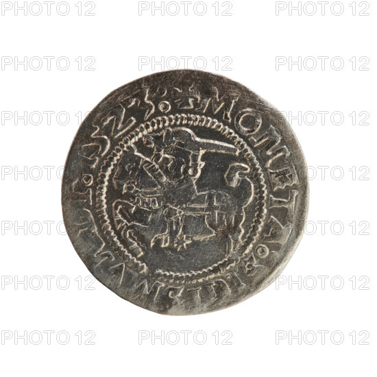 Lithuanian half-grosz, Sigismund I the Old (King of Poland; 1506–1548). Obverse: Pursuer (Lithuanian coat of arms) turned left; in the rim between pearly borders an inscription: + MONETA:SIGISMVNDI, 1523. Reverse: Polish crowned eagle; in the rim between pearly borders an inscription: + MAGNI:DVCIS:LITVANIE. R8 (rarity). Polish coin, Jagiellon dynasty; coats of arms; 1523; Grand Duchy of Lithuania, Vilnius.