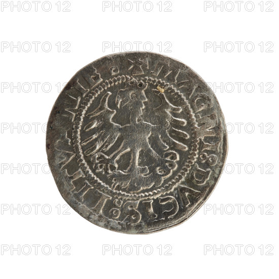 Lithuanian half-grosz, Sigismund I the Old (King of Poland; 1506–1548). Obverse: Pursuer (coat of arms of Lithuania) turned left; in the rim between pearly borders an inscription: + MONETA:SIGISMVNDI, 15Z3. Reverse: Polish crowned eagle; in the rim between pearly borders an inscription: + MAGNI:DVCIS:LITVANIE. 1523. Poland, Grand Duchy of Lithuania, Vilnius. R8 (rarity). Polish coin; Jagiellon dynasty; coats of arms, eagles.