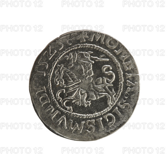 Lithuanian half-grosz, Sigismund I the Old (king of Poland; 1506–1548). Silver coin (1525). Obverse: Pursuer (Pogon) turned left; inscription in rim between pearl borders: + COIN: SIGISMVNDI 15Z5. Reverse: Crowned Polish eagle; inscription in rim between pearl borders: + MA, GN, VCIS:LI, ANIE:, 1525. Emblems: eagle, Pursuer. Grand Duchy of Lithuania, Vilnius.