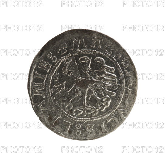 Lithuanian half-grosz, Sigismund I the Old (king of Poland; reign 1506–1548). Coin (1525). Obverse: Pursuer (emblem of Lithuania) turned left; rim between pearl borders bears inscription '+ COIN: SIGISMVNDI 1525'. Reverse: Crowned Polish eagle; rim between pearl borders bears inscription '+ MA, GN, VCIS:LI, ANIE:, 1525'. Style: Jagiellon-era Polish–Lithuanian coinage; emblems: eagles and Pursuer. Place: Grand Duchy of Lithuania, Vilnius.