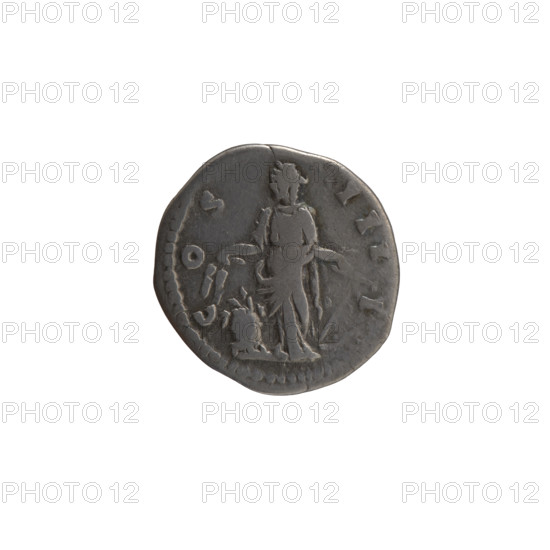 Denarius of Antoninus Pius (86–161; Roman emperor 138–161). Obverse: head of the emperor in a laurel wreath to the right, inscription ANTONINVS AVG PIVS PP TR P XII. Reverse: Annona standing left, holding ears of corn above a modius in her right hand and an anchor in her left, inscription C OS III I. Iconography: Annona (personification), ears of corn, modius, anchors, personifications; head of the emperor in a laurel wreath. Date: 148–149. Roman Empire. Coin (silver denarius): diameter 17.5 mm, weight 3.00 g, axis 180°.