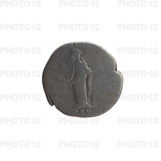 Denarius of Antoninus Pius (86–161; Roman emperor 138–161). Obverse: Head of Antoninus Pius in a laurel wreath facing right, INSCRIPTION: IMP CAES T AEL HADR ANT NINVS (all around). Reverse: Pax standing left, holding a branch in his right hand and a long scepter in his left, INSCRIPTION: TR POT XIIII - II (all around), with PAX indicated. Date: 150–151. Roman Empire (27 BC–476), Rome. Coin; diameter 17.5–18.0 mm, weight 2.63 g, axis 195°.