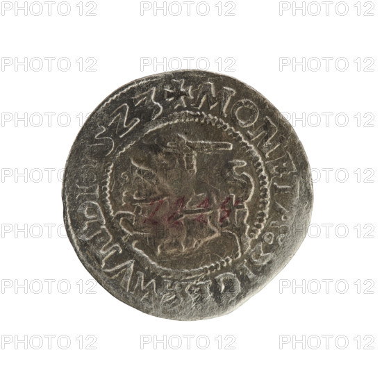Lithuanian half-grosz, Sigismund I the Old (king of Poland; 1506–1548). R8 (rarity). Polish coin from the Jagiellon dynasty. Obverse: Chaser turned left; in the rim between pearl borders an inscription: + COIN:SIGI, MVNDI, 5Z3. Reverse: Polish crowned eagle; in the rim between pearly borders an inscription: + MAGNI:DVCI, LITVANIE:, 1523. Grand Duchy of Lithuania, Vilnius.