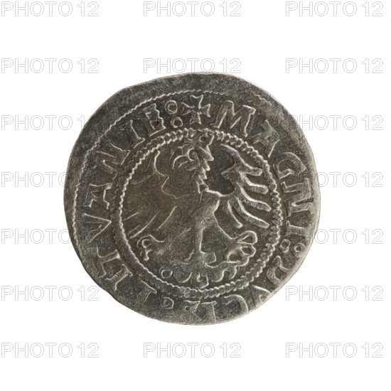 Lithuanian half-grosz, Sigismund I the Old (king of Poland; 1506–1548). Polish coin (Jagiellon dynasty), 1523. Obverse: Chaser (coat of arms of Lithuania) turned left; in the rim between pearl borders an inscription: + COIN:SIGI, MVNDI, 5Z3. Reverse: Polish crowned eagle; in the rim between pearly borders an inscription: + MAGNI:DVCI, LITVANIE:. Metal: coin; place: Vilnius, Grand Duchy of Lithuania. R8 (rarity).