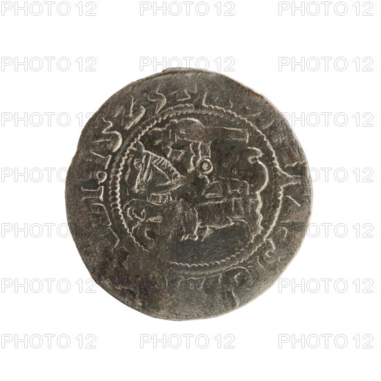 Lithuanian half-grosz, Sigismund I the Old (King of Poland; 1506–1548). Silver coin (half-grosz), dated 1523. Obverse: Pogon (Lithuanian knight) turned left; inscription in rim between pearly borders reads 'TA:SIG, I:15Z3'. Reverse: crowned Polish eagle; inscription in rim between pearly borders reads 'GNI:DVCI, LITVAN, 1523'. Emblems: eagle and Pogon; belongs to Jagiellon dynasty; minted in Vilnius, Grand Duchy of Lithuania, Poland.