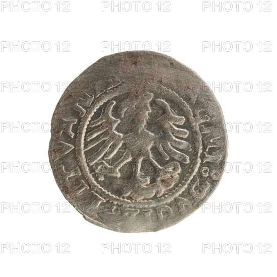 Lithuanian half-grosz, Sigismund I the Old (King of Poland; 1506–1548). Polish coin of the Jagiellon dynasty. Obverse: Pogon (Lithuanian charging knight) turned left; in the rim between pearly borders an inscription: TA:SIG, I:15Z3. Reverse: Polish crowned eagle; in the rim between pearly borders an inscription: GNI:DVCI, LITVAN, 1523. Coin struck in Vilnius, Grand Duchy of Lithuania.