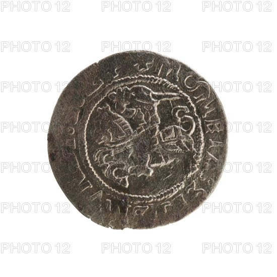 Lithuanian half-grosz, Sigismund I the Old (King of Poland; 1506–1548). Silver coin (half-grosz), 1523. Obverse: Pogon (Lithuanian mounted knight) turned left; inscription in rim between pearly borders: M NETA:SIGISMVN. Reverse: Polish crowned eagle; inscription in rim between pearly borders: + MAGNI, VANIE, 1523. Emblems: Eagle, Pogon. Geographic attribution: Grand Duchy of Lithuania, Vilnius, Poland. Jagiellon dynasty.