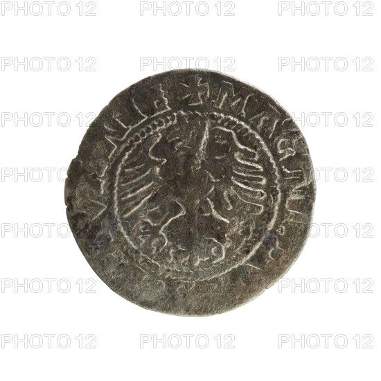 Lithuanian half-grosz, Sigismund I the Old (King of Poland; 1506–1548). Obverse: Pogon turned left; in the rim between pearly borders an inscription: M NETA:SIGISMVN. Reverse: Polish crowned eagle; in the rim between pearly borders an inscription: + MAGNI, VANIE, 1523. Polish coin of the Jagiellon dynasty, featuring emblems (eagle, Pogon). Minted in Vilnius, Grand Duchy of Lithuania.