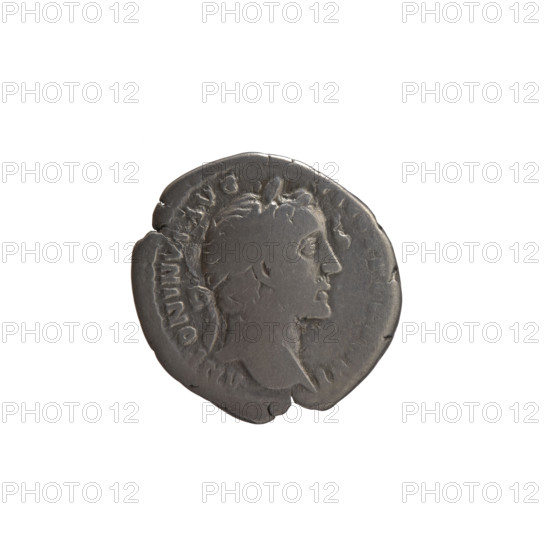 Denarius, Antoninus Pius (86–161; Roman emperor 138–161) — issuer: Antoninus Pius. Obverse: head of Antoninus Pius in a laurel wreath facing right, inscription ANTONINV—VG—PIVS PP. Reverse: Annona (personification) stands left, holds ears of corn in her right hand, rests her left on a container (modius) standing on a ship, inscription OS—IIII. Iconography: Antoninus Pius; personifications; modius; ships. Date: 152–153. Culture/place: Roman Empire, Rome. Object type/material: coin (denarius). Dimensions: diameter 17.5–18.0 mm, weight 3.20 g, axis 180 degrees.
