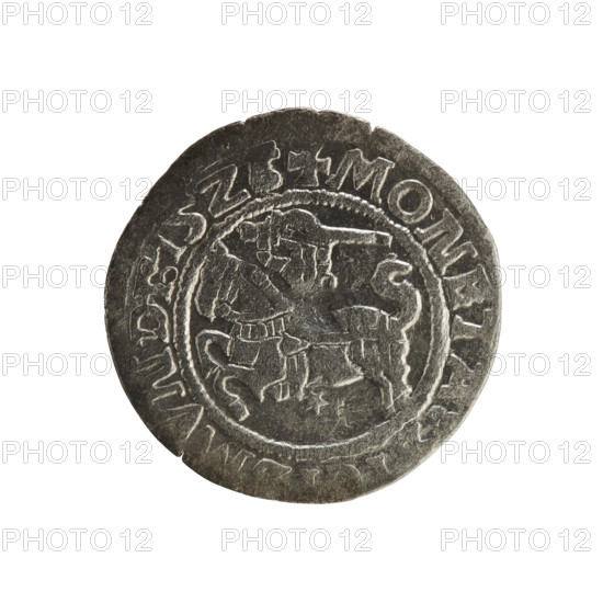 Lithuanian half-grosz, Sigismund I the Old (king of Poland; 1506–1548). R8 (rarity). Polish coin of the Jagiellon dynasty. Obverse: Chaser (Chaser turned left), in the rim between pearl borders an inscription: + COIN:, MVND, 15Z. Reverse: Polish crowned eagle, in the rim between pearl borders an inscription: AGNI:DVCI, L, VANIE, 1526. Materials: coin (metal). Origin: Poland, Grand Duchy of Lithuania, Vilnius.