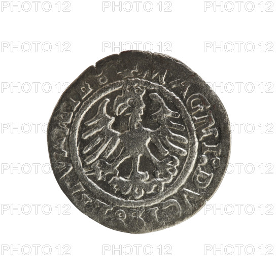 Lithuanian half-grosz, Sigismund I the Old (king of Poland; 1506–1548). R8 (rarity). Polish coin, Jagiellon dynasty. Materials/subject: coats of arms, eagles. Obverse: Chaser (coat of arms; Lithuania) turned left; in the rim between pearl borders an inscription: + COIN:, MVND, 15Z. Reverse: Polish eagle with a crown; in the rim between pearl borders an inscription: AGNI:DVCI, L, VANIE, 1526. Poland, Grand Duchy of Lithuania, Vilnius; coin.