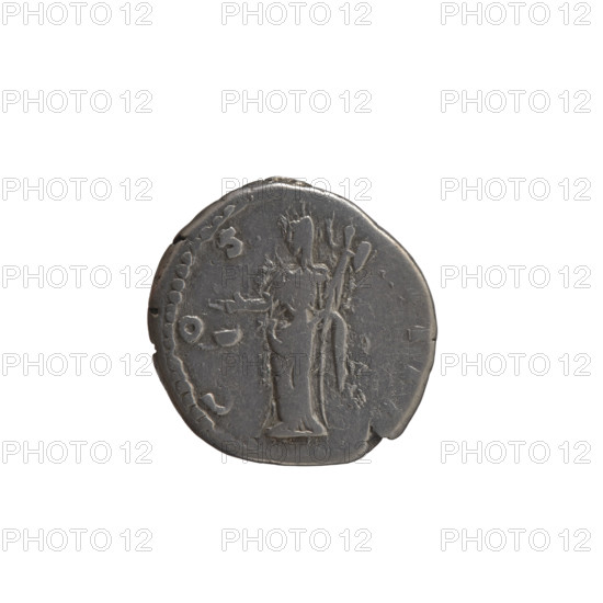 Denarius of Antoninus Pius (reigned 138–161). Obverse: head of Antoninus Pius in a laurel wreath facing right, inscription ANTONINVS AVG - PIVS PP TR P XVI. Reverse: Vesta veiled, standing left, holding a ladle (simpulum) in her right hand and a palladium in her left, inscription COS - IIII. Date: 152–153. Place: Rome, Roman Empire. Material: coin. Diameter: 17.5 mm. Weight: 3.51 g. Axis: 180°.