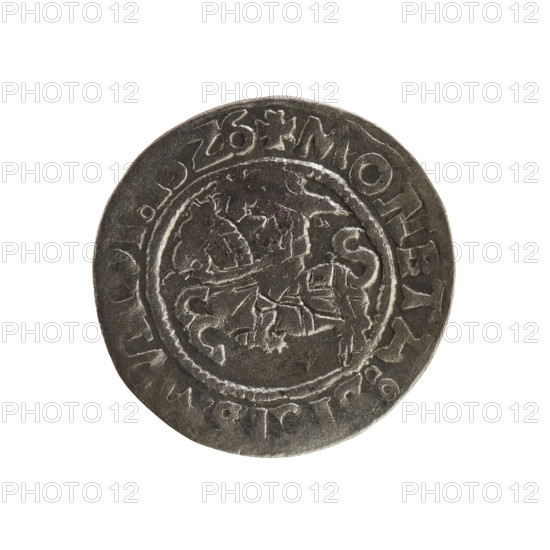 Lithuanian half-grosz, Sigismund I the Old (king of Poland; 1506–1548). Silver coin (half-grosz), 1526. Obverse: Pursuer (emblem of Lithuania) turned left; between pearl borders an inscription: + COIN: I ISMVNDI I Z6. Reverse: Polish crowned eagle; between pearly borders an inscription: + MAGNI DVCIS ITVANI 1526. Jagiellon dynasty; emblems: eagle and Pursuer. Minted in Vilnius, Grand Duchy of Lithuania (Poland–Lithuania).
